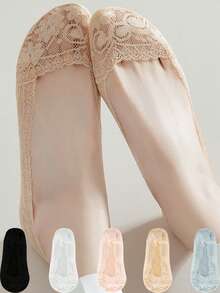 chuanwa（2） 1/5/10 Pairs Women's Summer Solid Color Transparent Lace No-Show Low-Cut Boat Socks, Invisible Silicone Anti-Slip Soft Comfortable Breathable - Multicolor - View 2