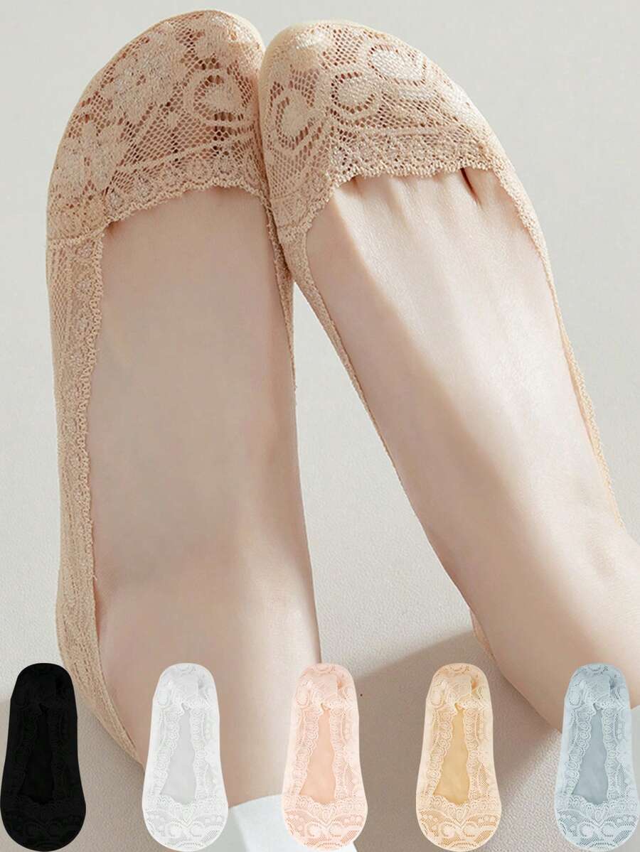 chuanwa（2） 1/5/10 Pairs Women's Summer Solid Color Transparent Lace No-Show Low-Cut Boat Socks, Invisible Silicone Anti-Slip Soft Comfortable Breathable