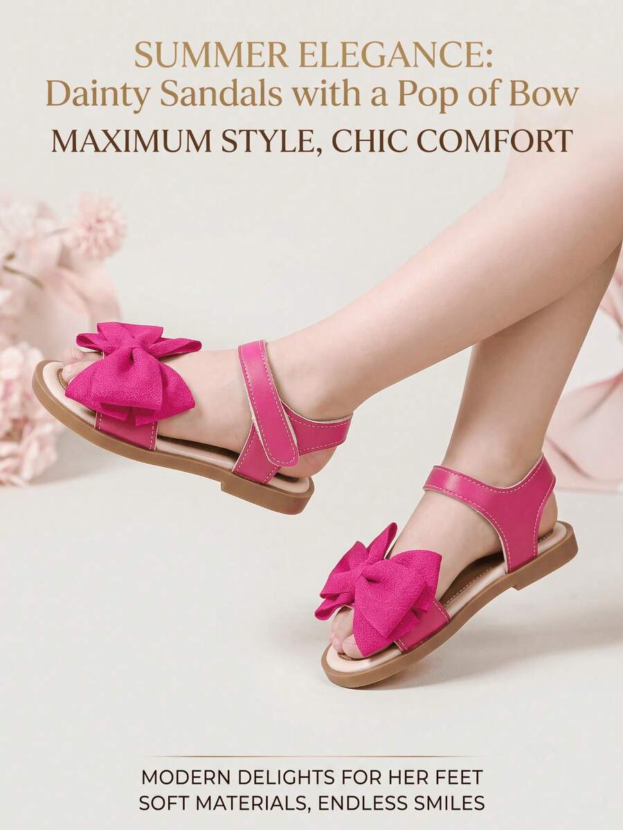 1 Pair Children's Bow Flat Sandals, White And Red. Made Of Soft Nappa PU Leather With Hook And Loop Design.