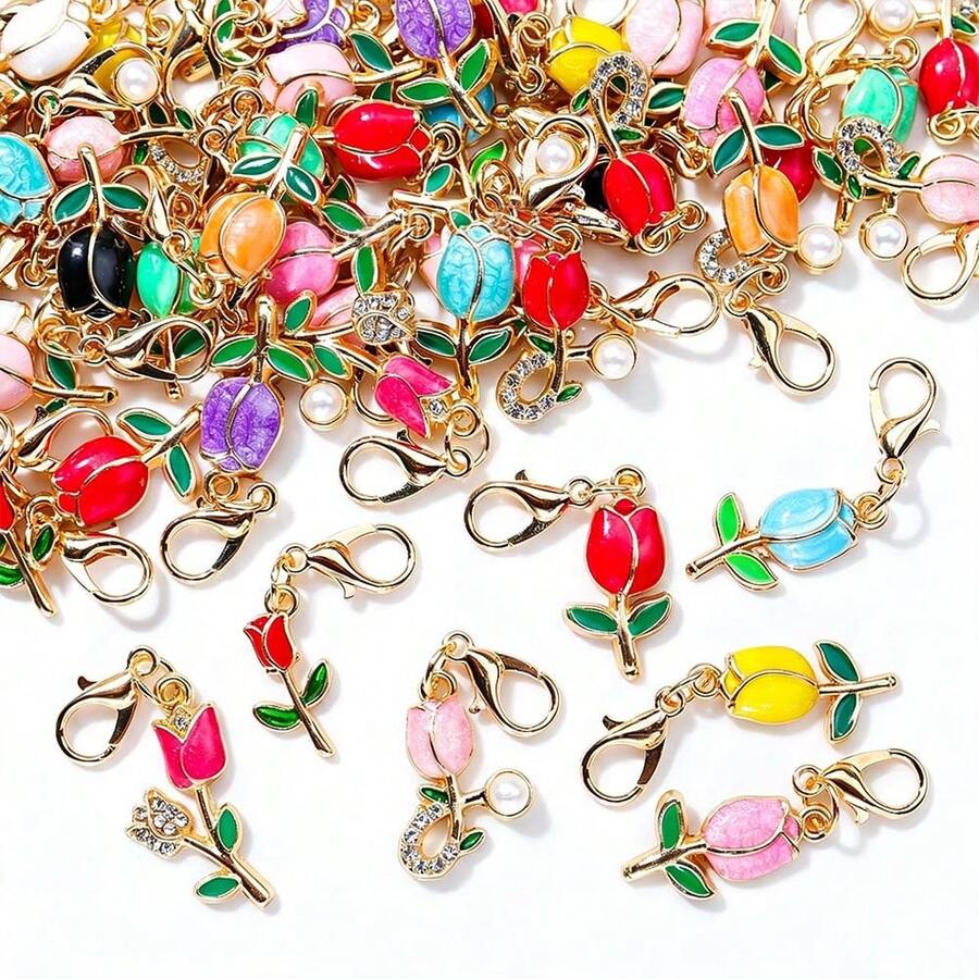 20pcs Mixed Color Tulip Keychains, Enamel Flower Bag Charms, Cute Floral Backpack Pendant Accessories, Suitable As Gifts For Teenagers - Multicolor - View 1
