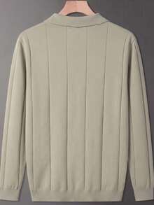 Men's Collared Knit Sweater, Vertical Striped Slimming Versatile Long Sleeve Top - Green - View 6