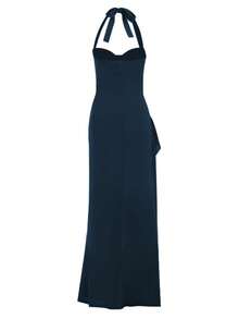 Women's Elegant Deep Blue Halter Neck Tie-Up Bust-Enhancing Slit Ruffle Dress, Suitable For Graduation Season Party - Dark Wash - View 1