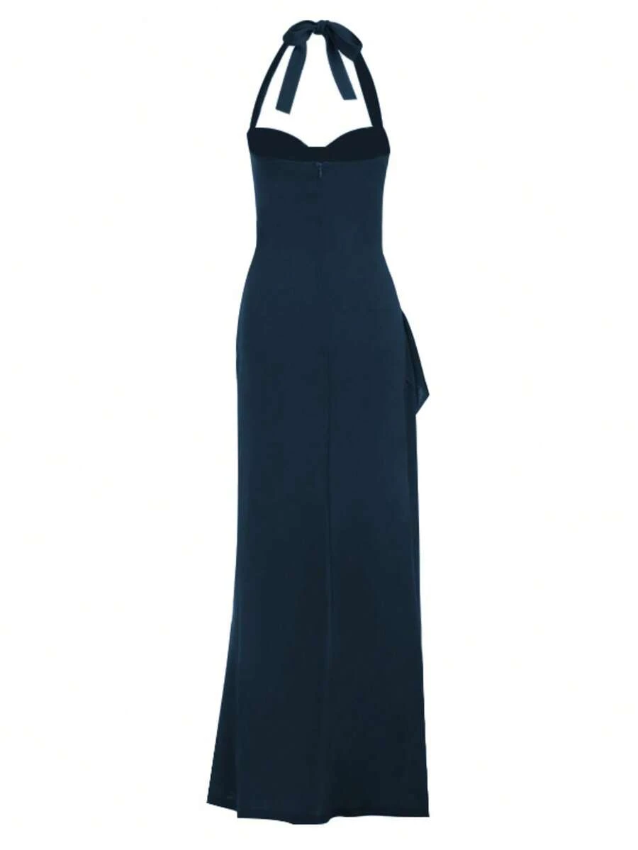 Women's Elegant Deep Blue Halter Neck Tie-Up Bust-Enhancing Slit Ruffle Dress, Suitable For Graduation Season Party - Dark Wash - View 1