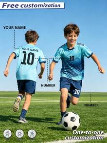 [Customized]Personalized Number & Name Customized Star Style 2pcs Boys & Girls Casual Football Uniform Set # -Round Neck-Short Sleeve & Shorts Set- Polyester, Back To School Season Suitable For -Sports -Training & Casual Wear, Outdoor Perfect Choice - Mint Green - View 2