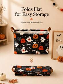 Halloween Style, Rectangular Pumpkin Bat Print, Dual Handle Storage Organizer Bin For Toys Blankets Books, Home Party Living Room Autumn Season. - Multicolor - View 7