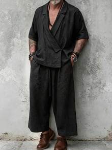 GOLDREDY Zen Slouchy Men's 2 Pieces Set, Asymmetrical Slanted Collar Short Sleeve Top And Loose Wide Leg Pants - Black - View 7