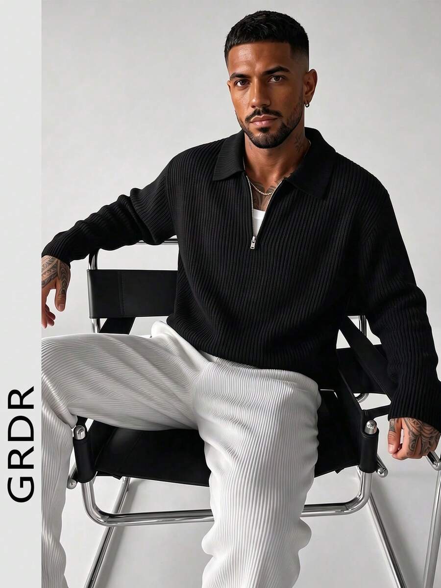 GRDR Men's Casual Long Sleeve Half Zip Collar Sweater, Versatile For Daily And Business Wear, Autumn/Winter