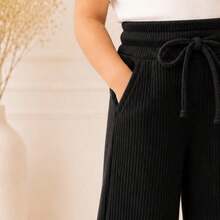 Blogueirinha Children's Wide Leg Pants In Ribbed Cotton Fabric With Pocket, Comfortable And Soft - Negro - Ver 2