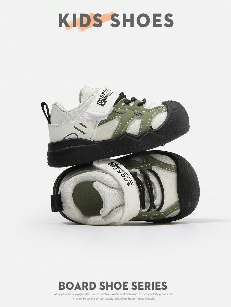 1 Pair Infant Toddler Colorblock Closed-Toe Double Strap Flat Retro Sneakers For Daily Wear And Outfits [Select By Actual Cm Inner Length] - Black - View 1