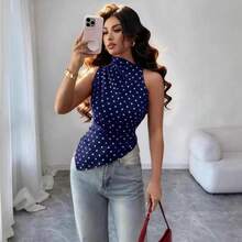 Sleeveless Blouse With High Neck And Polka Dots For Women, Gathered Waist, Irregular Asymmetric Hem, Ideal For The Office, Everyday Wear, Casual Occasions And Urban Outfits. - 藏蓝色 - 查看 8