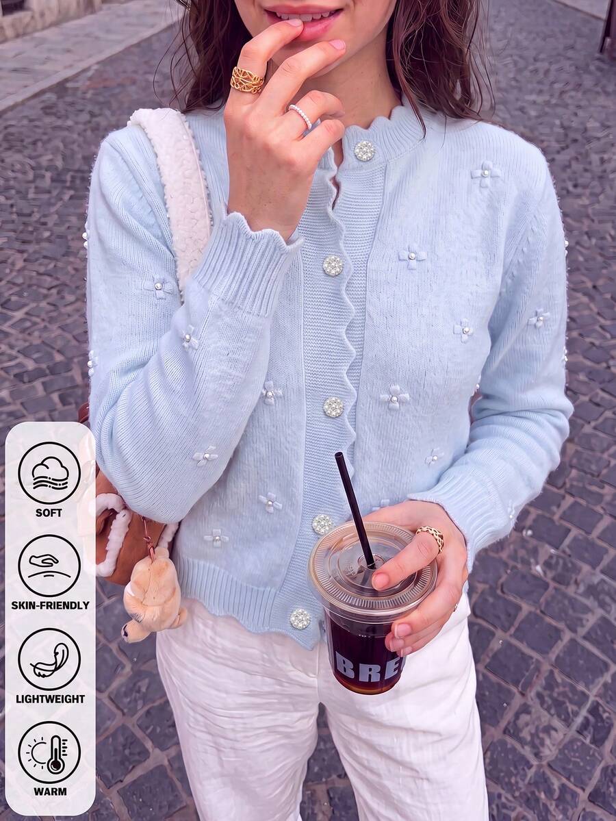 女款 3D 花朵針織開襟外套,鈕扣休閒長袖夾克,適合秋冬、聖誕與新年 - 藍色 - 查看 1