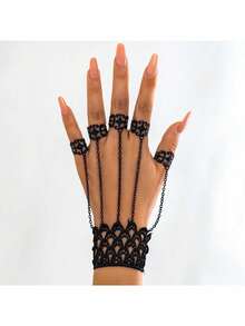 Gothic Black Lace Hand Chain Bracelet With Finger Rings Bracelet Vintage Punk Cosplay Party Hand Jewelry For Women - Black - View 4