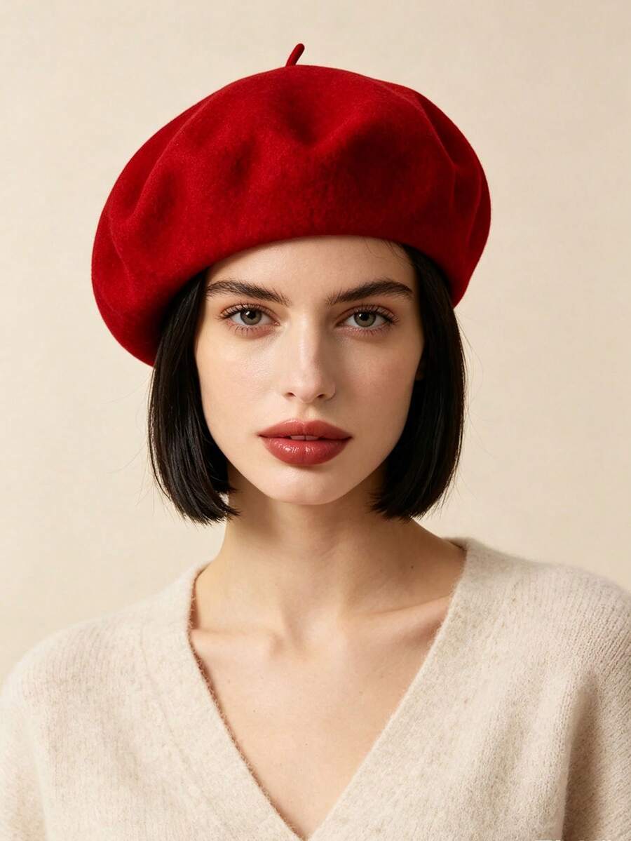 1 buah Topi Beret Klasik Modis Warna Polos Hangat, Topi Pelukis Minimalis - Merah - View 1