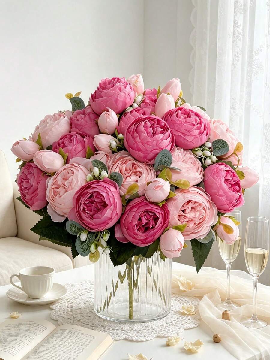 1/3/60pcs Artificial Peony Flower Bouquet, Faux Rose Bouquet, Bulk Exquisite Flower Arrangement, Silk Peony, Suitable For Home Party Wedding Decoration, Bridal Table Centerpiece, Valentine's Day Decor, Birthday Gift, Graduation Ceremony And More - Pink - View 1