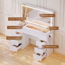 Devoko Modern Vanity Table With Extra Large LED Mirror, 3 Light Colors And Dimmable Brightness, Dressing Table With Glass Top, 9 Drawers, Power Strip And Hair Dryer Holder, White/Black - 查看 6