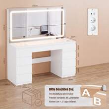 Devoko Modern Vanity Table With Extra Large LED Mirror, 3 Light Colors And Dimmable Brightness, Dressing Table With Glass Top, 9 Drawers, Power Strip And Hair Dryer Holder, White/Black - 查看 10