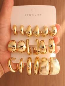 6/18PCS Fashionable Personalized Elegant Water Drop Halo Geometric Texture Metallic Earring Set Suitable For Party, Banquet, Travel, Wedding, Vacation, Daily Wear Jewelry Gift (Lightweight ABS Material, Non-Fading) - Gold - View 1