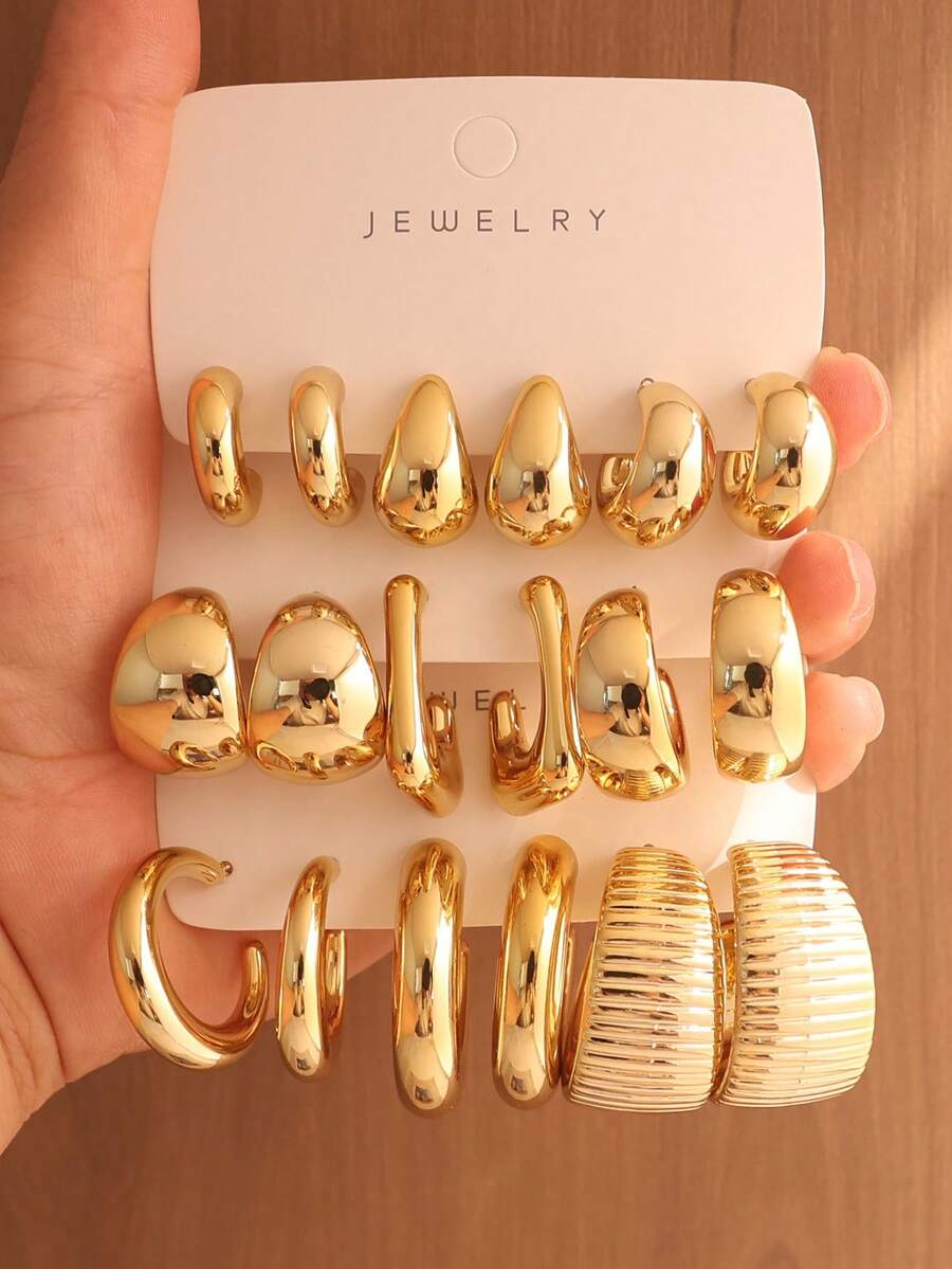 6/18PCS Fashionable Personalized Elegant Water Drop Halo Geometric Texture Metallic Earring Set Suitable For Party, Banquet, Travel, Wedding, Vacation, Daily Wear Jewelry Gift (Lightweight ABS Material, Non-Fading) - Gold - View 1