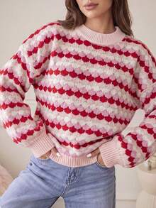 Sweater Pullover Kasual Wanita Warna Pink untuk Musim Gugur/Dingin, Atasan Lengan Panjang Bahu Longgar Rajut Bergaris Warna Blok, Set Pakaian Kembali ke Sekolah Musim Gugur - MultiWarna - View 6