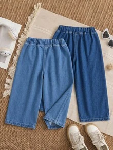 Girls' Denim Jeans Spring/Autumn New Casual Cute Light Blue & Mid Blue 2-Pack, Dual-Color Washed Effect, Elastic Waist With Decorative Double Buttons, Loose Cocoon Fit, Lightweight Soft Premium Cotton Denim Fabric - Multicolor - View 2