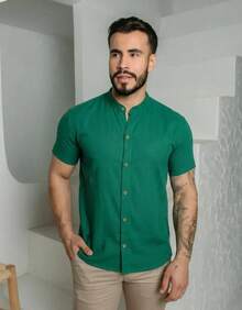 Premium Men's Short Sleeve Shirt Lightweight Easy-Iron Summer  Linen-Look PROMOTION - 綠旗 - 查看 5