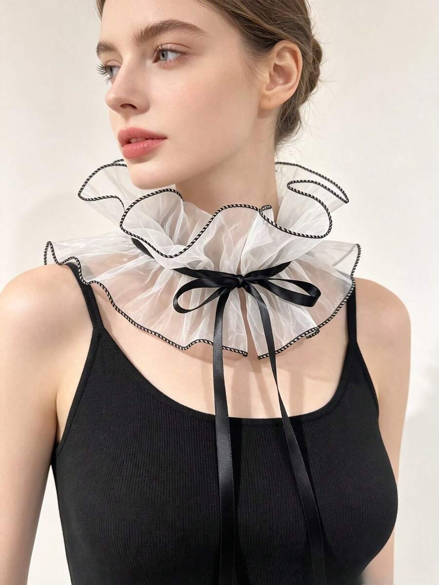 1pc Elegant White Organza Ruffle Detachable Collar, Victorian Style Neckline Decoration, Layered Organza Neck Accessory, Suitable For Bride, Wedding, Daily Photography And Party, Versatile Neck Accessory For Women