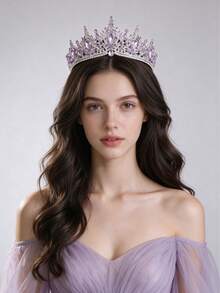1pc Elegant & Luxurious Rhinestone Baroque Crown Hair Accessory, Bridal Wedding Headpiece, Romantic Princess Ball Party Event Hair Crown - Mauve Purple - View 2