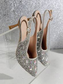 Kitten Heels For Women Slingback Heels Pointed Toe Pumps Rhinestones Pearls Stiletto Sparkly Bridal Sandals For Wedding Prom Dating - Silver - View 2