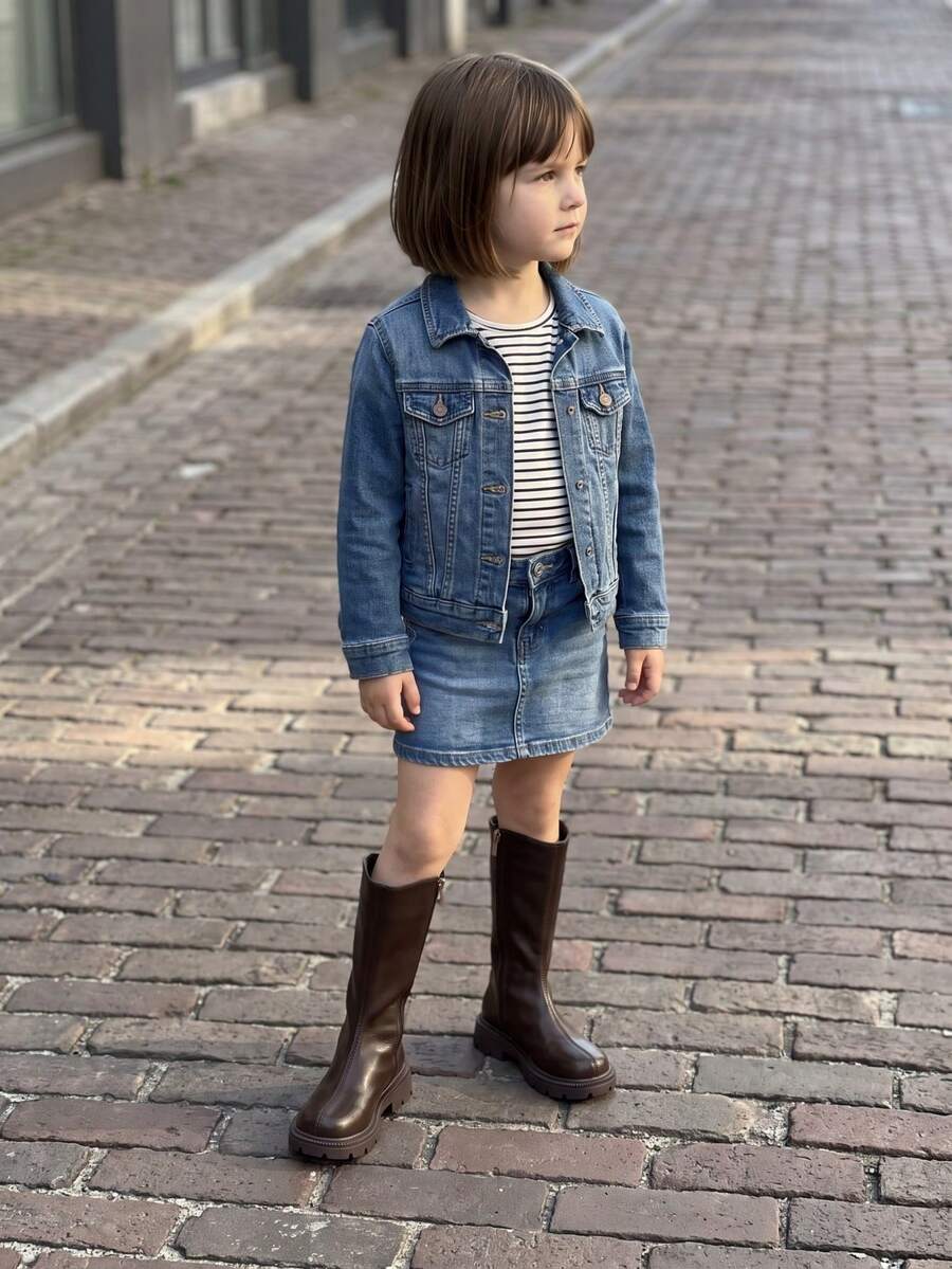 Classic Dark Brown PU Leather Girls Boots, Side Zip Round Toe Mid-Calf Shoes For Winter Daily Wear - Brown - View 1