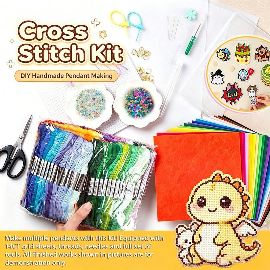 167pcs DIY Cross Stitch Material Kit 14CT Transparent Mesh Sheet Bead Pendant Making Tool Set (Finished Product In Image Needs To Be Made Yourself, This Product Only Includes Accessories, No Tutorial Included) - Multicolor - View 1