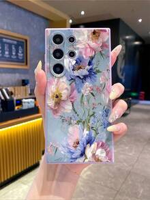 1 pieza Funda de teléfono de moda con pintura al óleo pura de Android, patrón de elementos florales azul & rosa, borde púrpura, anti-caída, anti-choque, protección completa de lente, alta moda, adecuada para hombres & mujeres, opción ideal para entusiastas de la moda, minimalista & elegante, compatible con Samsung/VivoY20/Y21/Y03/HONOR X8/X8B/X7A/X5/X9B/X9A - Morado - Ver 5