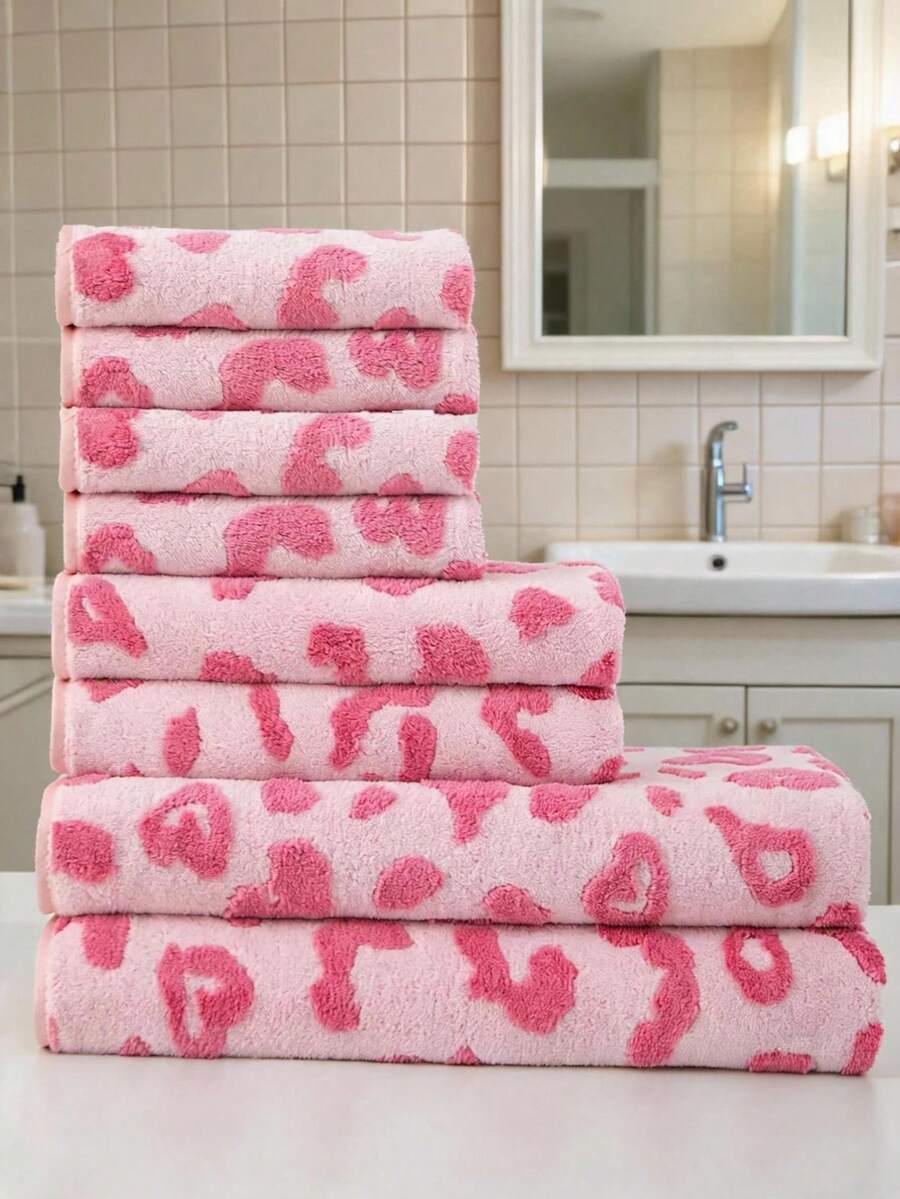 6/8/10PCS Pink Leopard Print Towels Set Ultra Soft Microfiber Absorbent Cute Animal Pattern Bath Towel Bundle Quick Dry Towels For Bathroom Spa Gym Pool - Dark Pink - View 1