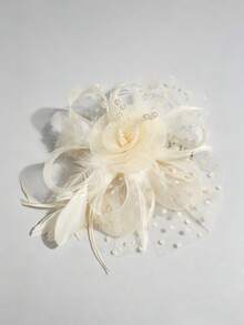 1pc Women's Tea Party Fascinator Headband Kentucky Derby Hat Flower Mesh Headpiece Hair Clip For Wedding - Beige - View 3