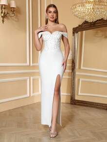 Women's Pure White Elegant Heart-Neckline Wide Strap Pearl Rhinestone Evening Birthday Party Graduation Prom Holiday Dress - White - View 10
