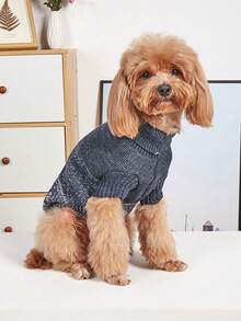 1pc Autumn/Winter Pet Sweater, Knitted Elastic Turn-Down Collar Design, Warm Soft Colorful Gradient Dog & Cat Clothing - Navy Blue - View 4