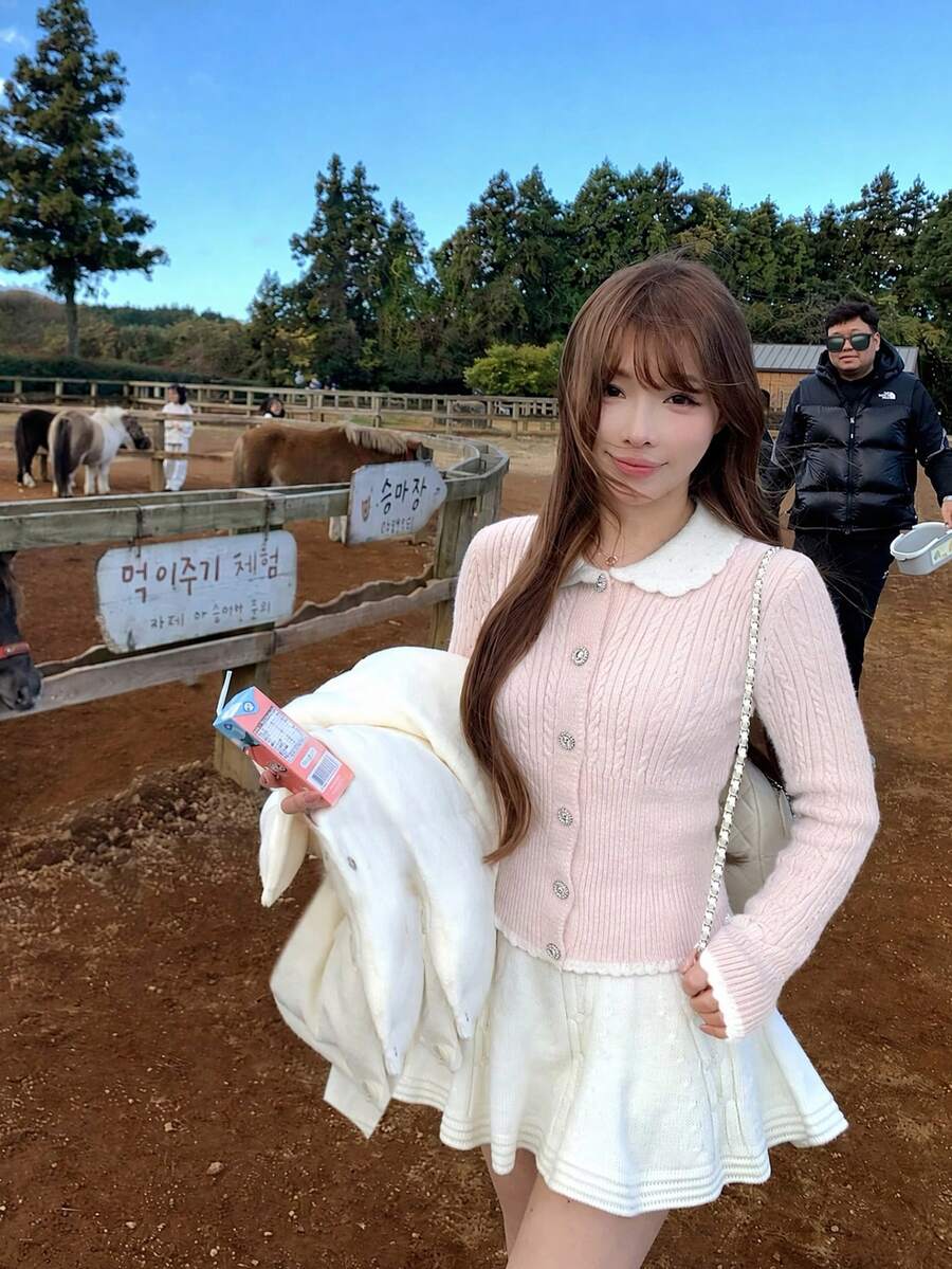 Korean Style INS Girl Peter Pan Collar Soft Knit Cardigan Women Spring Autumn Slim Fit Flattering Versatile Short Sweater - Pink - View 1