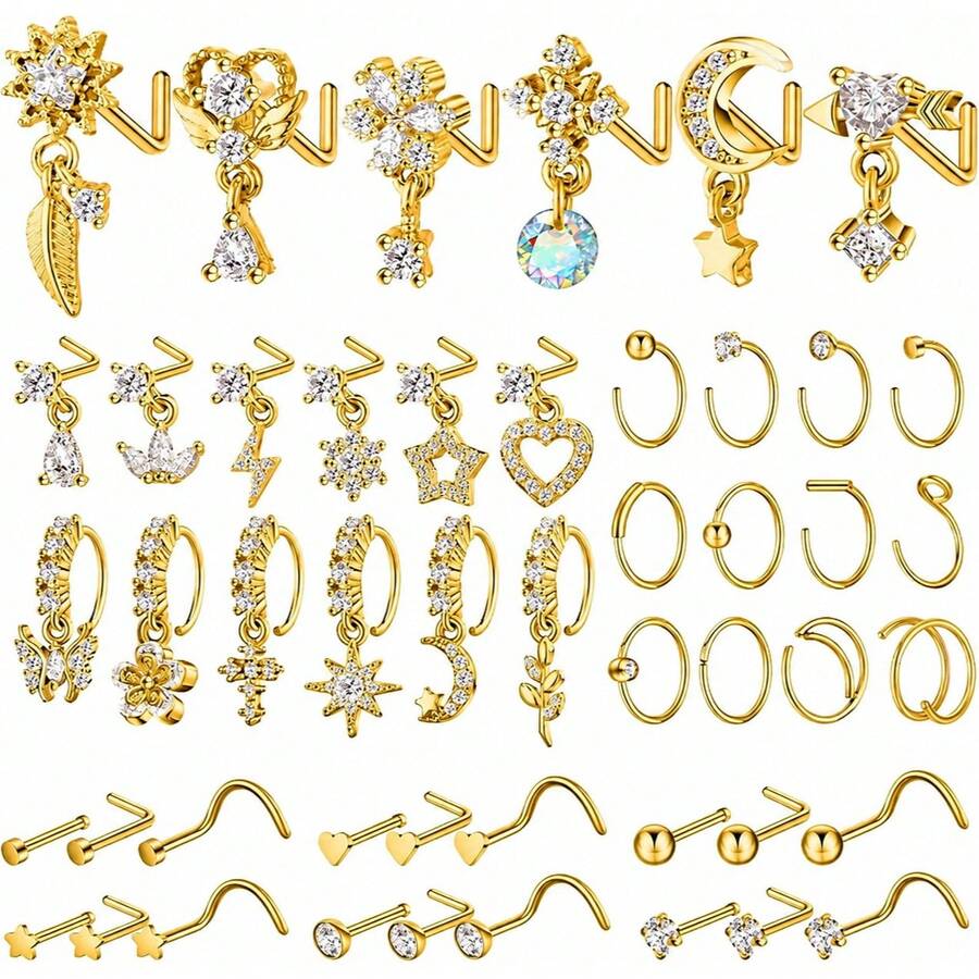 48pcs 20G L-Shaped Dangle Nose Rings Nose Studs Nose Jewelry Suitable For Women And Men (Gold) - Gold - View 1
