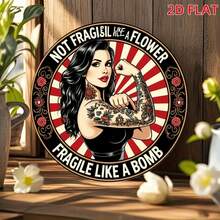 A 2D Flat Wooden Sign With The Text "Not Fragile Like Flowers, Fragile Like Bombs". This Round Badge Features A Tattooed Woman And A Floral Sunburst Pattern, With Pre-Drilled Holes As Shown In The Size Chart - Multicolor - View 5