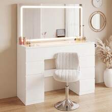Devoko Modern Vanity Table With Extra Large LED Mirror, 3 Light Colors And Dimmable Brightness, Dressing Table With Glass Top, 9 Drawers, Power Strip And Hair Dryer Holder, White/Black - 查看 2