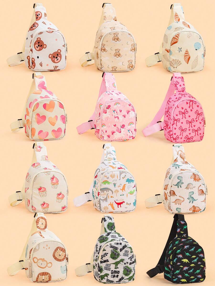 1PC Toddler Cute Printed One Shoulder Chest Bag, Heart/Bear/Unicorn/Bow/Dinosaur Cartoon Crossbody Bag, Adjustable Lightweight Comfortable Casual Small Sling Bag, Suitable For Toddler Daily School, Outdoor Travel Storage Shoulder Bag - Multicolor - View 1