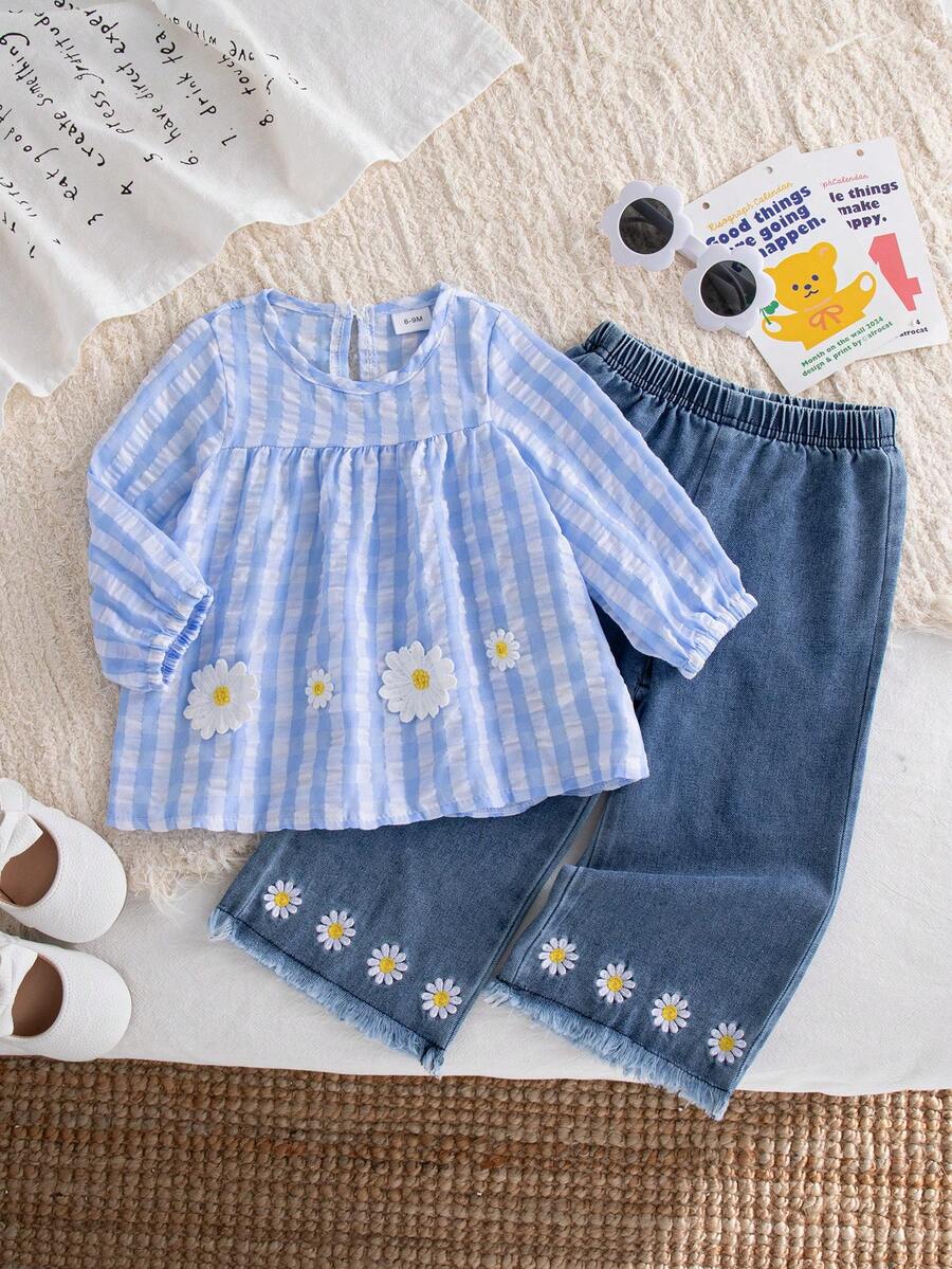 Autumn/Winter Baby Girl Cute & Stylish Blue & White Plaid Daisy Loose Set & Spring/Autumn New Puff Sleeve Top & Embroidered Denim Wide Leg Pants Outwear - Baby Blue - View 1