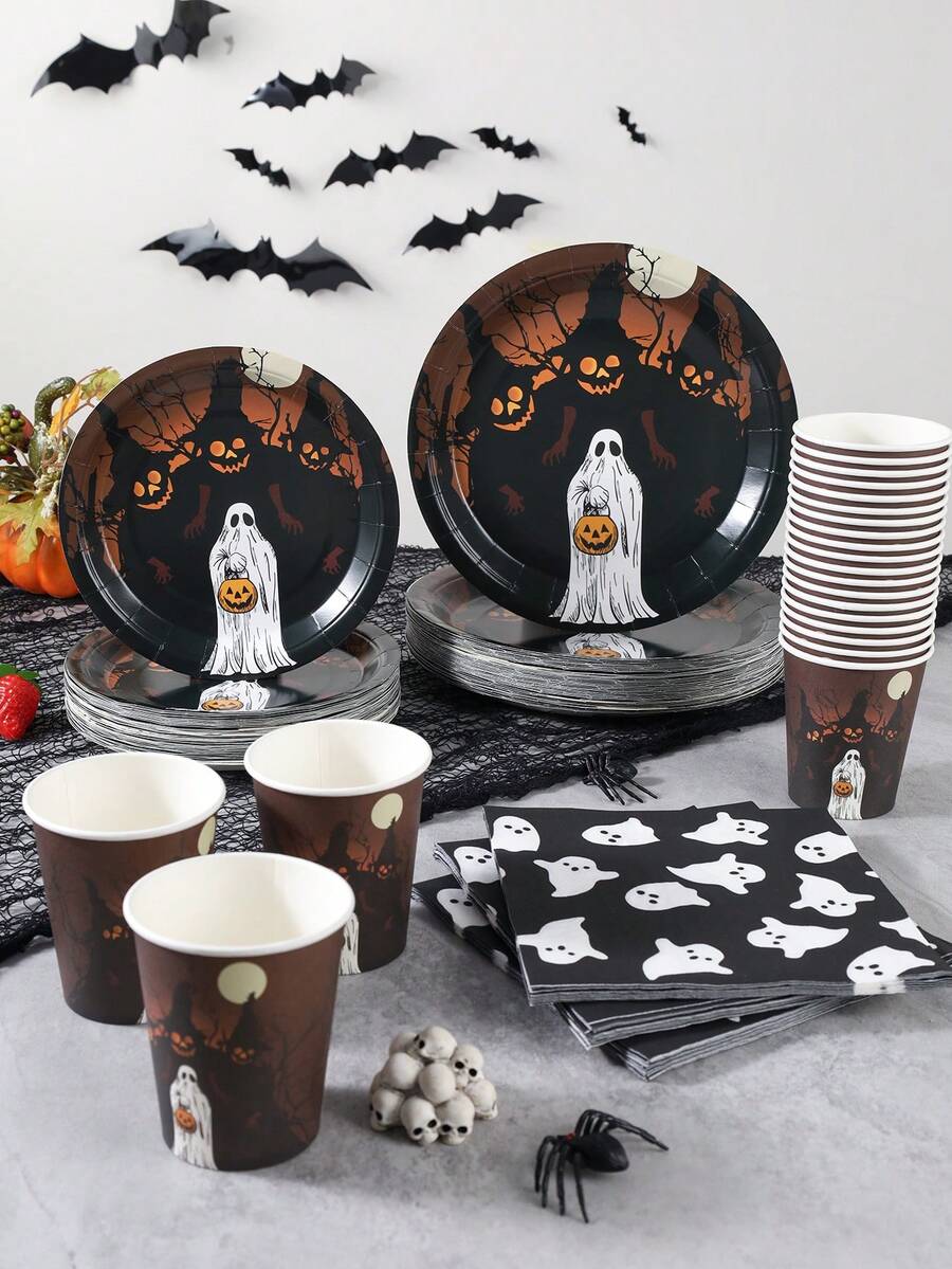 Set Peralatan Makan Kertas Sekali Pakai 10/24 Buah, Termasuk Piring Kertas Sekali Pakai 7/9 Inci, Gelas Kertas, dan Serbet, Menampilkan Desain Rumah Hantu, Bulan, Hantu, dan Hutan Gelap , Tema Halloween Gotik, Dekorasi Pesta Malam dan Perayaan - Hantu Lentera - View 1