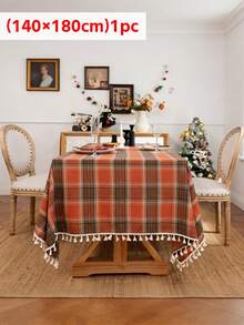 1pc Vintage Christmas Plaid Tassel Rectangular Tablecloth, Multiple Colors Available, Suitable For Holiday Home Party, Christmas Party, Homestay Decor, Restaurant Living Room, Fits Various Dining Tables - Orange - View 10