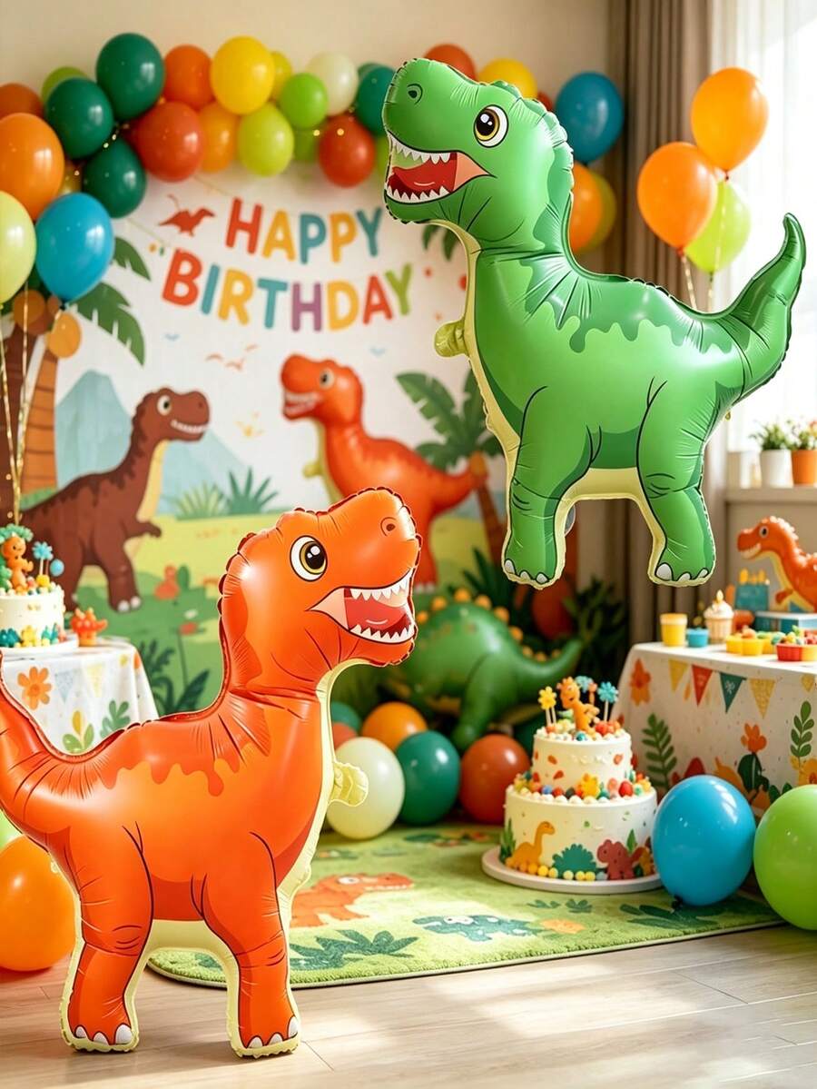 2pcs Tyrannosaurus Rex Foil Balloons - 23.4 Inches, Self-Sealing Design, Suitable For Festivals, Home Or Office Decor, Realistic Dinosaur Shape With White Eyes And Sharp Teeth, Great For Halloween And Christmas Decorations - Multicolor - View 1