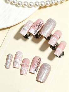 24pcs Soft Nude Pink Lace Letter Rectangle Press-On Nails With French Pearl & Rhinestone Decor, Suitable For Date/Commute/Mature Women, Includes 1pc Jelly Glue And 1pc Nail File - Light Grey - View 2