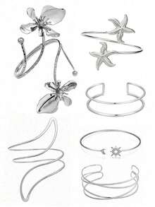 6pcs Fashion Geometric Arm Cuff Set, Adjustable Flower Sun Star Metal Arm Bracelets, Personalized Layering, Suitable For Party And Daily Wear - 6pc Silver AT014 - View 12
