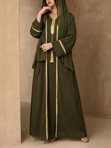 Set Jubah Panjang 3 Potong Warna Polos untuk Wanita, Jubah Panjang Tanpa Lengan Minimalis + Cardigan Abaya + Set Syal, Pakaian Muslim Lembut Ramah Kulit dan Melindungi dari Sinar Matahari - Olive Green - View 6