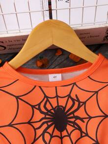 Young Girls Spider Web Flutter Sleeve Dress, Polka Dot Mesh Tulle A-Line Fall Casual Party Dress - Orange - View 6