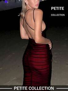 Soulscape Women's Petite Sexy Valentine's Day Backless Spaghetti Strap V-Neck Mesh Ruched Midi Dress Elegant - Red and Black - View 5