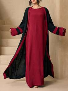 Fashionable Versatile Ice Silk Crinkled Long Robe 4-Piece Set For Women, Elegant Sleeveless Long Robe + Abaya Cardigan Long Robe + Scarf + Waist Rope Set, Soft Skin-Friendly Sun Protection Muslim Clothing Shawl - Black and Red - View 2